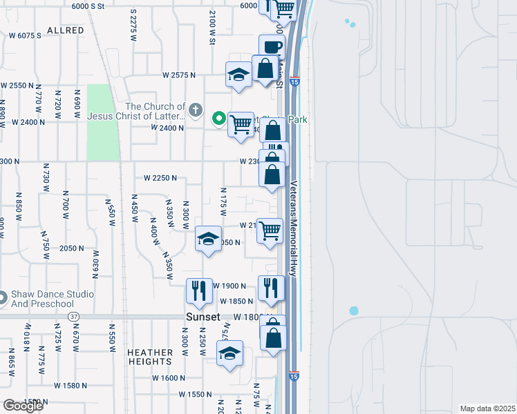 map of restaurants, bars, coffee shops, grocery stores, and more near 58 West 2125 North in Sunset