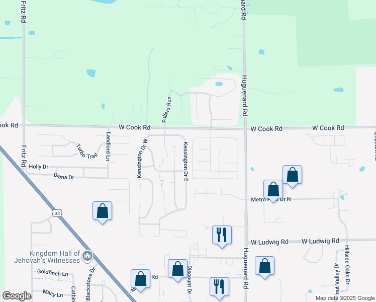 map of restaurants, bars, coffee shops, grocery stores, and more near 7214 Kensington Drive East in Fort Wayne