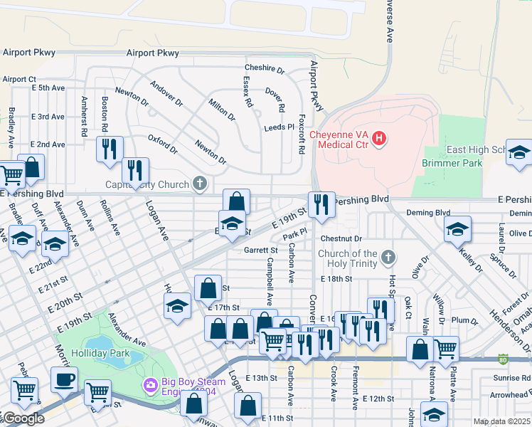 map of restaurants, bars, coffee shops, grocery stores, and more near 2009 East 22nd Street in Cheyenne