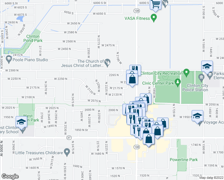 map of restaurants, bars, coffee shops, grocery stores, and more near 2191 W 2175 N in Clinton