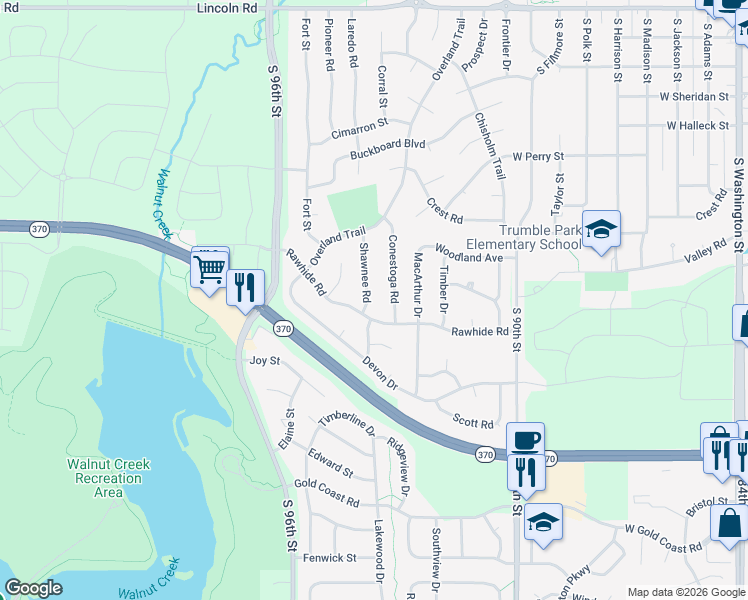 map of restaurants, bars, coffee shops, grocery stores, and more near 1109 Shawnee Road in Papillion