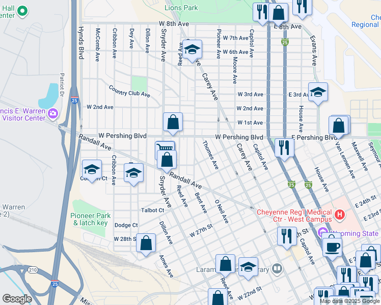 map of restaurants, bars, coffee shops, grocery stores, and more near 3118 Bent Ave in Cheyenne