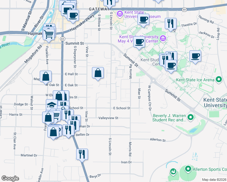 map of restaurants, bars, coffee shops, grocery stores, and more near 985 South Lincoln Street in Kent