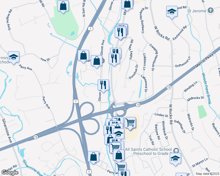 map of restaurants, bars, coffee shops, grocery stores, and more near 801 Main Avenue in Norwalk