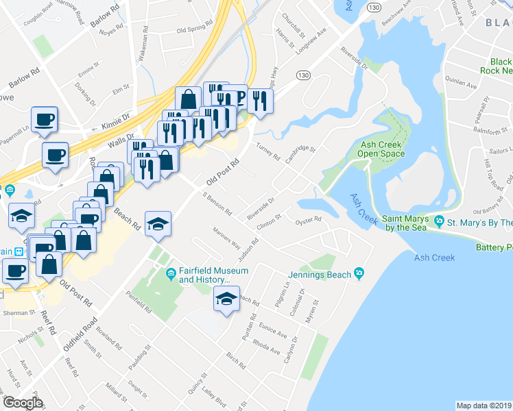 map of restaurants, bars, coffee shops, grocery stores, and more near 856 Riverside Drive in Fairfield
