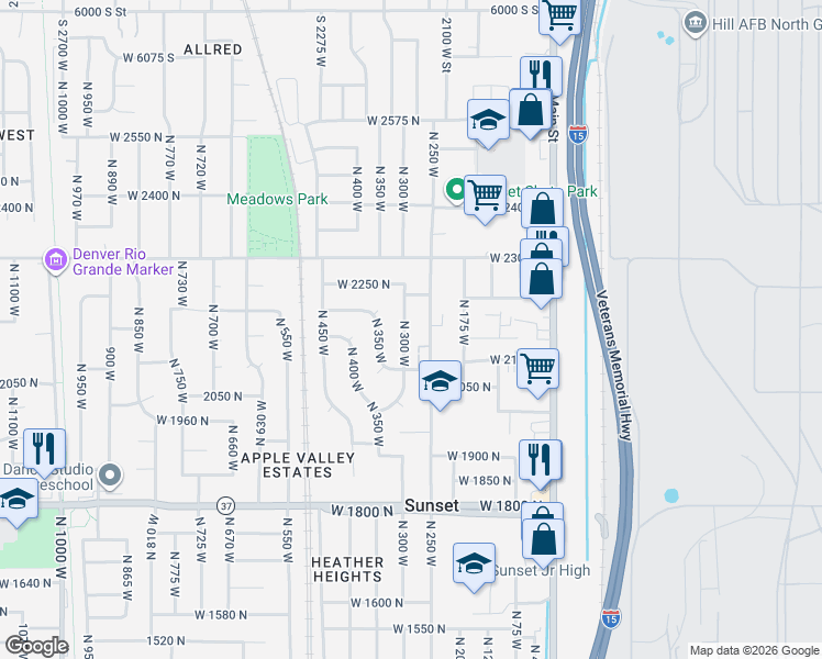 map of restaurants, bars, coffee shops, grocery stores, and more near 2150 North 300 West in Sunset