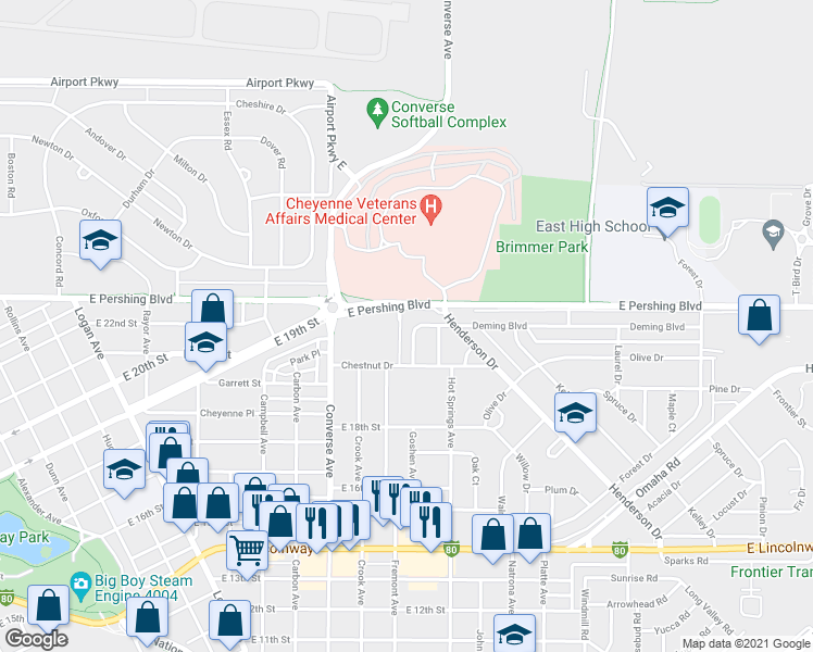 map of restaurants, bars, coffee shops, grocery stores, and more near 2532 Deming Boulevard in Cheyenne