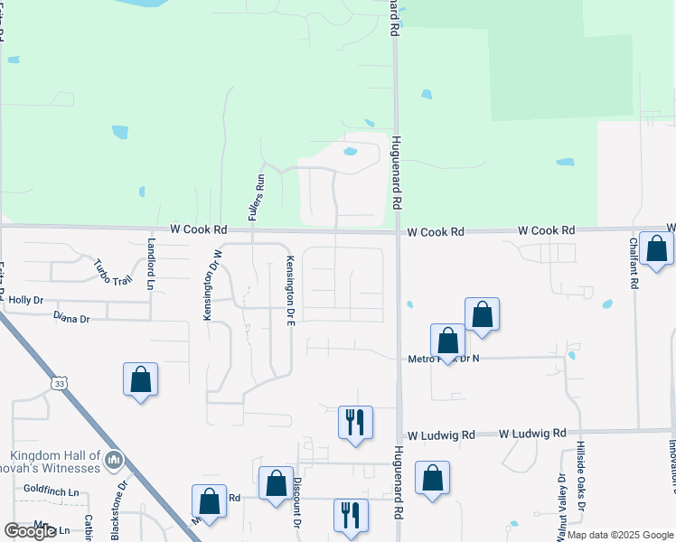 map of restaurants, bars, coffee shops, grocery stores, and more near 7252 Turnstone Boulevard in Fort Wayne