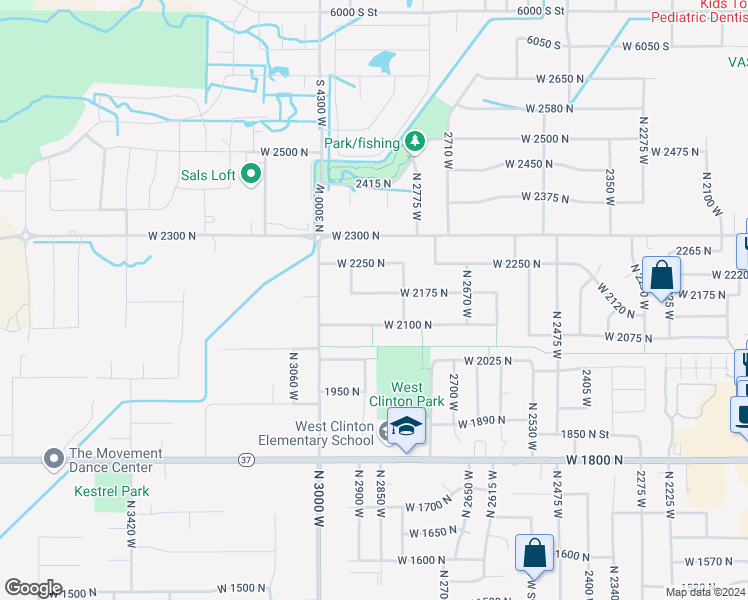 map of restaurants, bars, coffee shops, grocery stores, and more near 2877 West 2175 North in Clinton