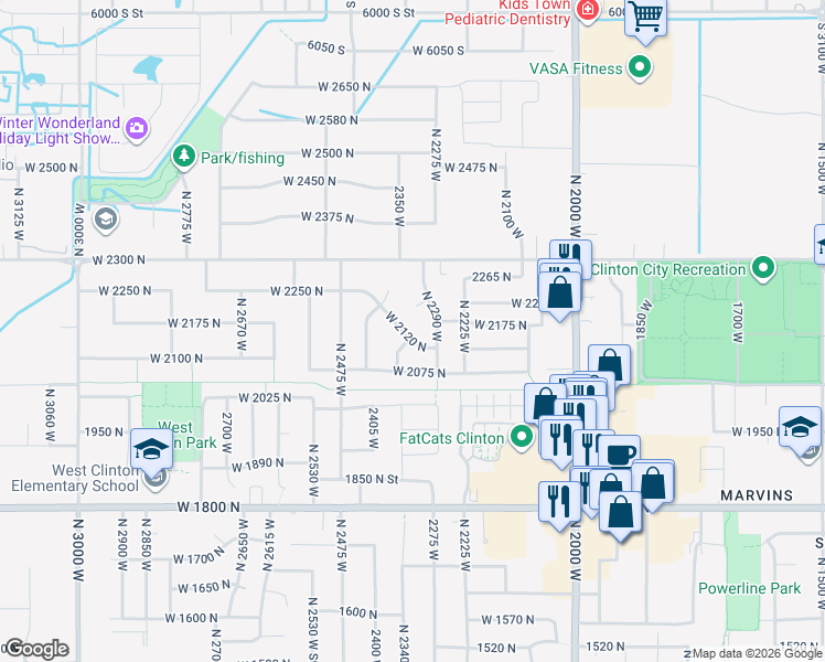 map of restaurants, bars, coffee shops, grocery stores, and more near 2368 West 2120 North in Clinton