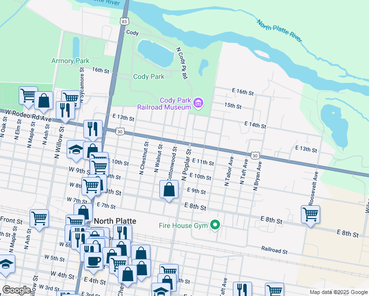 map of restaurants, bars, coffee shops, grocery stores, and more near 1151-1199 North Poplar Street in North Platte