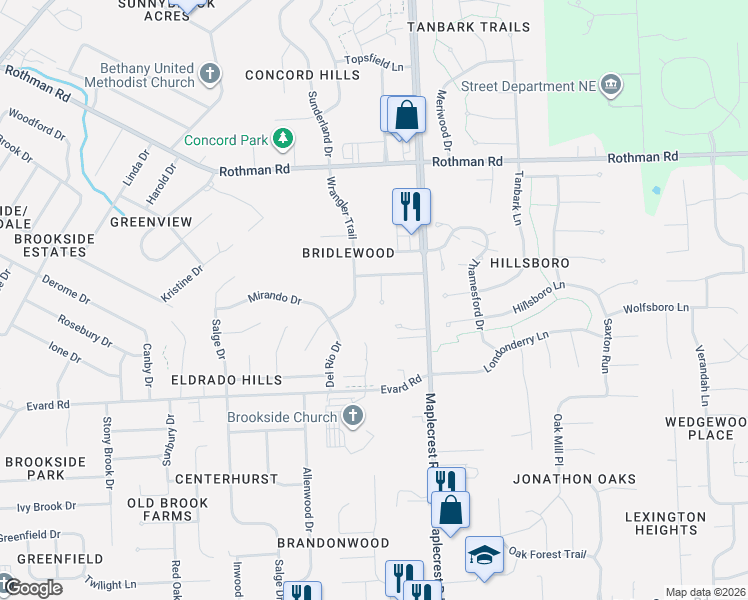 map of restaurants, bars, coffee shops, grocery stores, and more near 6913 Woodtrail Court in Fort Wayne