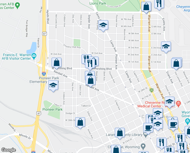 map of restaurants, bars, coffee shops, grocery stores, and more near 3122 Reed Avenue in Cheyenne