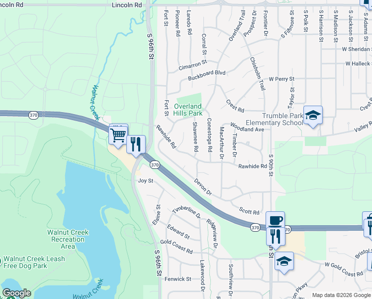 map of restaurants, bars, coffee shops, grocery stores, and more near 1126 Rawhide Road in Papillion
