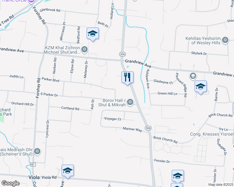 map of restaurants, bars, coffee shops, grocery stores, and more near 11 Parker Boulevard in Monsey