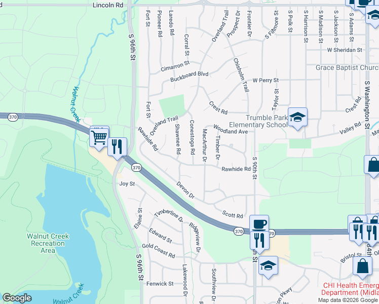 map of restaurants, bars, coffee shops, grocery stores, and more near 1109 Shawnee Road in Papillion