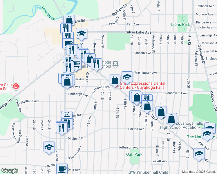 map of restaurants, bars, coffee shops, grocery stores, and more near 2680 North Haven Boulevard in Cuyahoga Falls