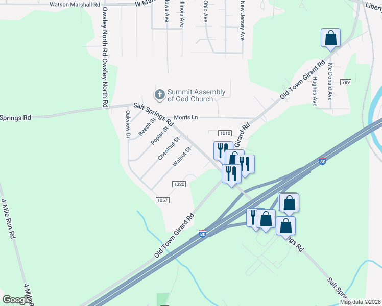 map of restaurants, bars, coffee shops, grocery stores, and more near 2608 Walnut Street in Girard