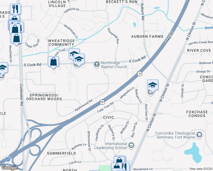 map of restaurants, bars, coffee shops, grocery stores, and more near 1330 Springbrook Road in Fort Wayne