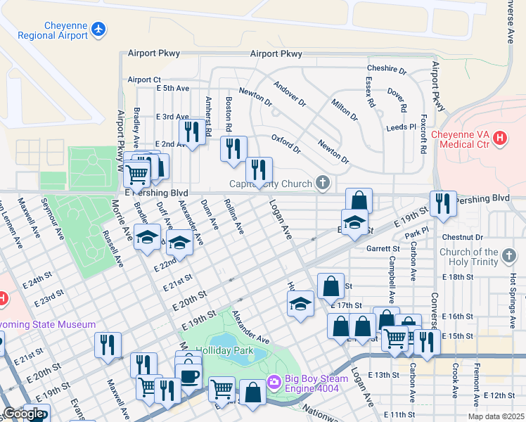 map of restaurants, bars, coffee shops, grocery stores, and more near 1608 East 22nd Street in Cheyenne