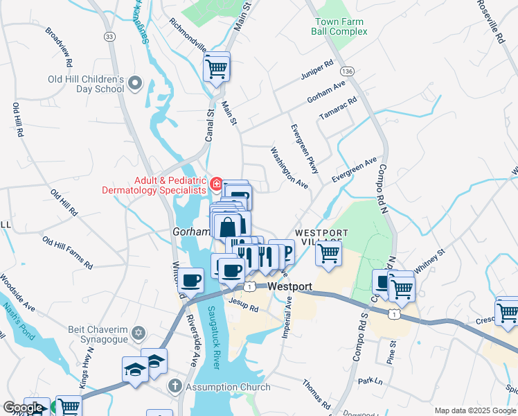 map of restaurants, bars, coffee shops, grocery stores, and more near 110 Myrtle Avenue in Westport