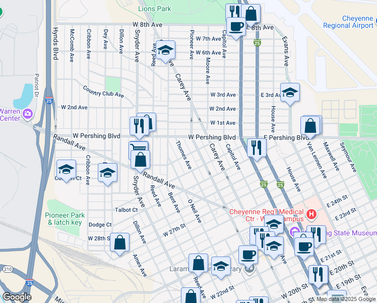 map of restaurants, bars, coffee shops, grocery stores, and more near 500 West 31st Street in Cheyenne