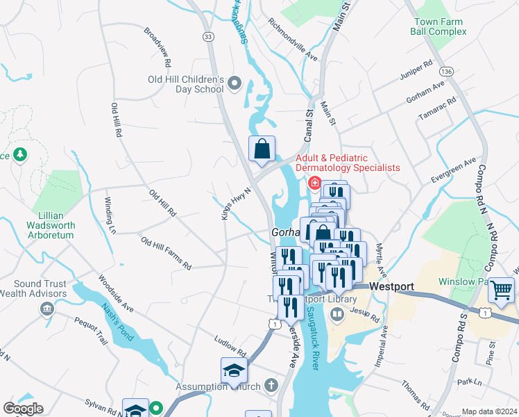 map of restaurants, bars, coffee shops, grocery stores, and more near 115 Wilton Road in Westport