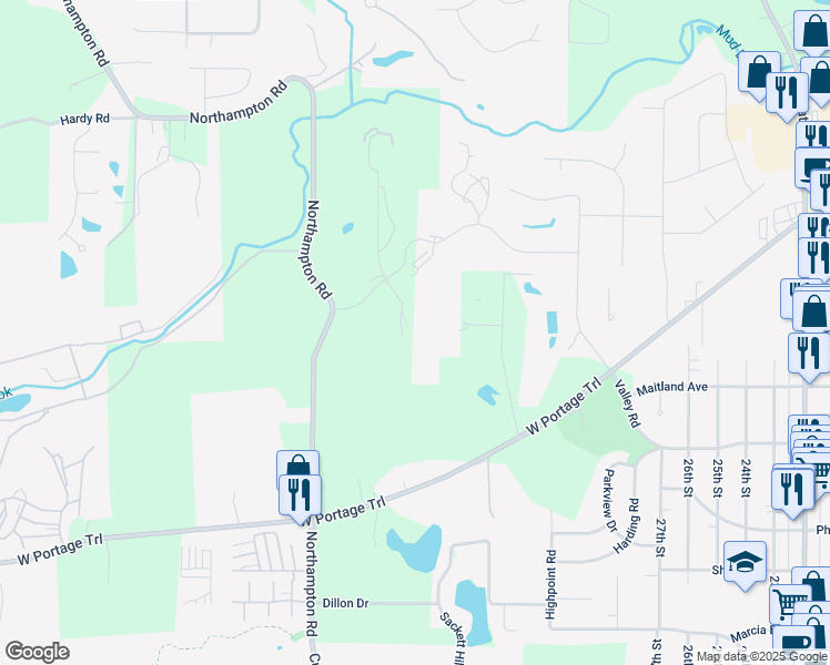 map of restaurants, bars, coffee shops, grocery stores, and more near 578 Meredith Lane in Cuyahoga Falls