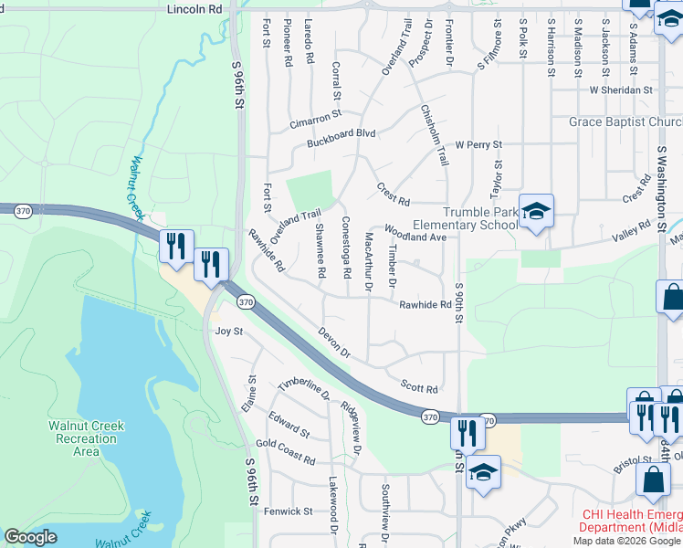 map of restaurants, bars, coffee shops, grocery stores, and more near 1109 Shawnee Road in Papillion