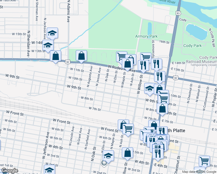 map of restaurants, bars, coffee shops, grocery stores, and more near 951-999 North Oak Street in North Platte