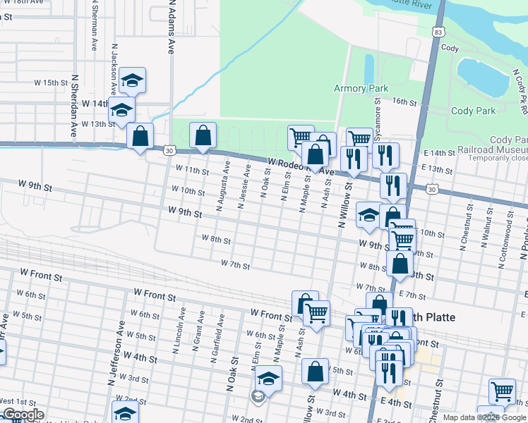 map of restaurants, bars, coffee shops, grocery stores, and more near 720-722 West 10th Street in North Platte