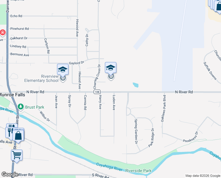 map of restaurants, bars, coffee shops, grocery stores, and more near 380 North River Road in Munroe Falls
