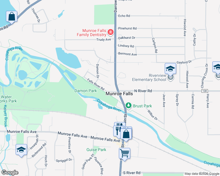 map of restaurants, bars, coffee shops, grocery stores, and more near 69 Falling Water Circle in Munroe Falls