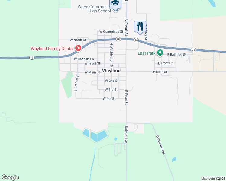 map of restaurants, bars, coffee shops, grocery stores, and more near 115 West 3rd Street in Wayland