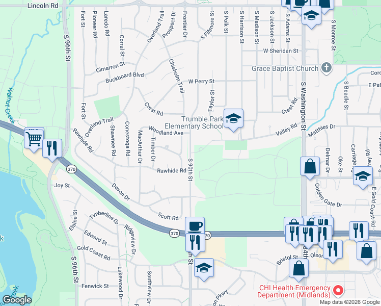 map of restaurants, bars, coffee shops, grocery stores, and more near 11196 South 90th Street in Papillion