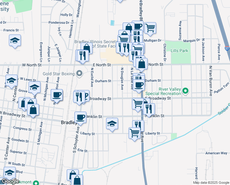 map of restaurants, bars, coffee shops, grocery stores, and more near 136 North Clinton Avenue in Bradley