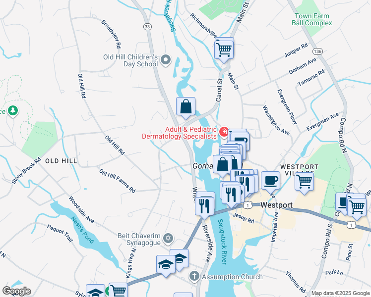 map of restaurants, bars, coffee shops, grocery stores, and more near 115 Wilton Road in Westport
