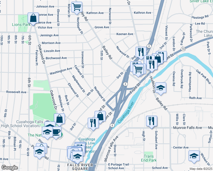 map of restaurants, bars, coffee shops, grocery stores, and more near 2593 Tifft Street in Cuyahoga Falls