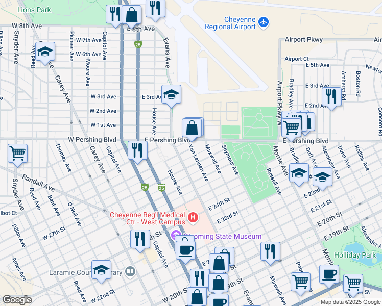 map of restaurants, bars, coffee shops, grocery stores, and more near 2720 Van Lennen Avenue in Cheyenne