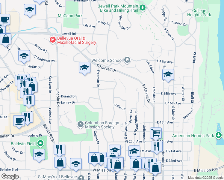 map of restaurants, bars, coffee shops, grocery stores, and more near 1404 Madison Street in Bellevue