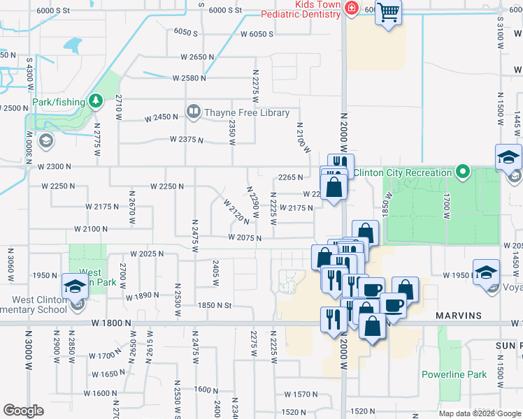 map of restaurants, bars, coffee shops, grocery stores, and more near 2162 North 2290 West in Clinton