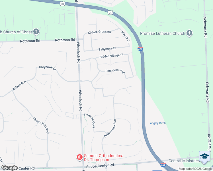 map of restaurants, bars, coffee shops, grocery stores, and more near 9633 Greyhawk Drive in Fort Wayne