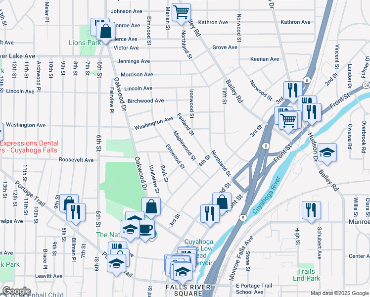 map of restaurants, bars, coffee shops, grocery stores, and more near 2610 Maplewood Street in Cuyahoga Falls