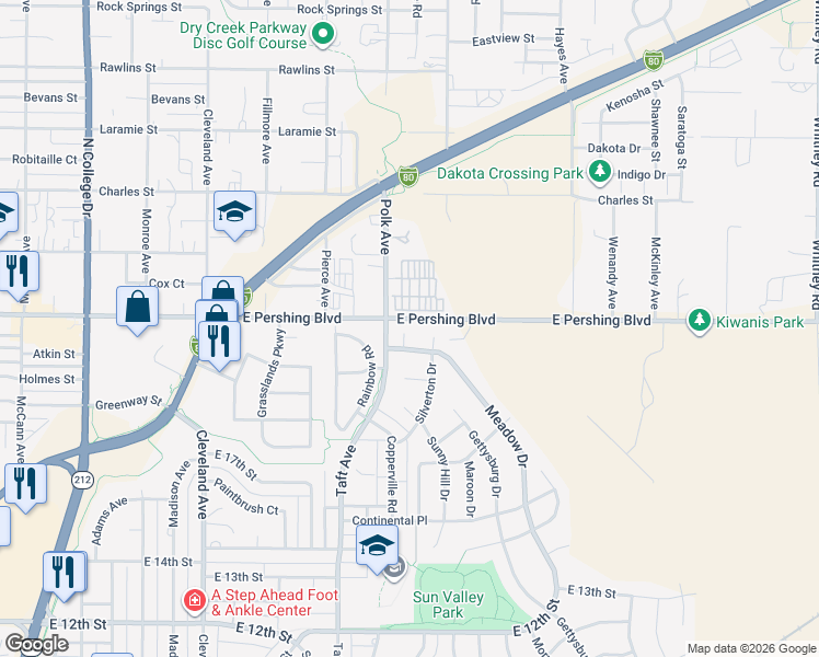 map of restaurants, bars, coffee shops, grocery stores, and more near 2206 Silverton Dr in Cheyenne