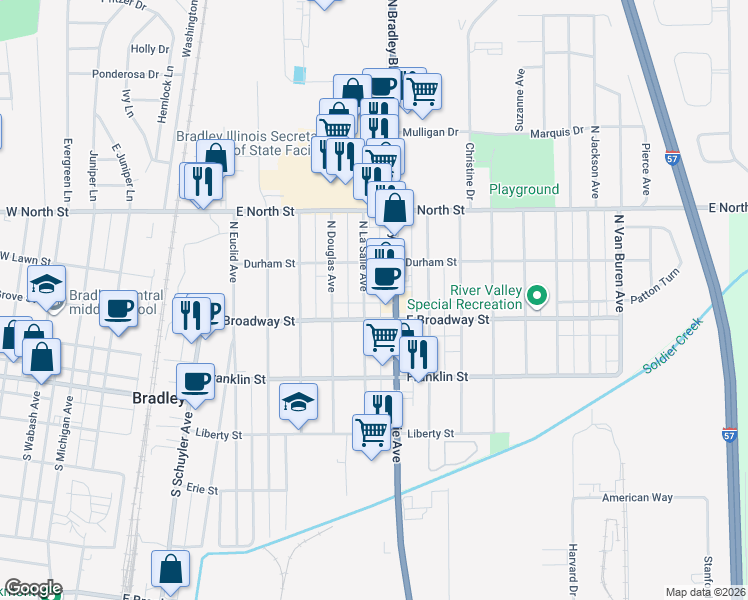 map of restaurants, bars, coffee shops, grocery stores, and more near 150 North La Salle Avenue in Bradley