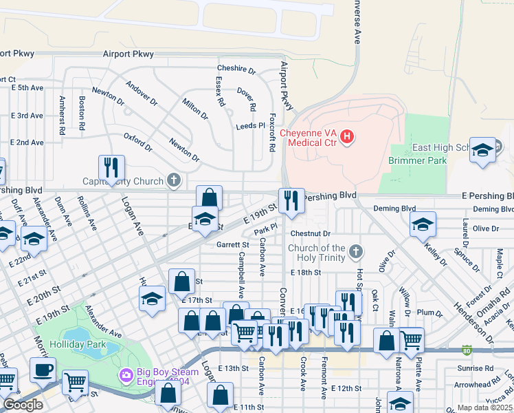 map of restaurants, bars, coffee shops, grocery stores, and more near 2214 E 19th St in Cheyenne