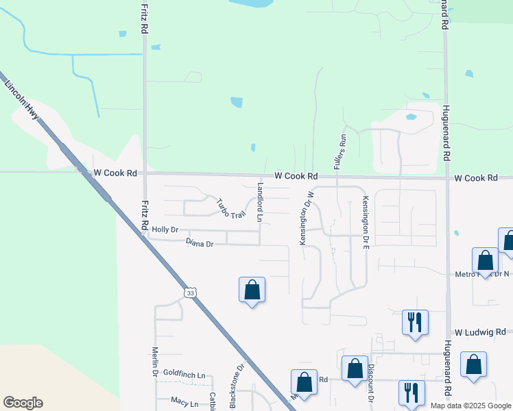 map of restaurants, bars, coffee shops, grocery stores, and more near 7221 Landlord Lane in Fort Wayne