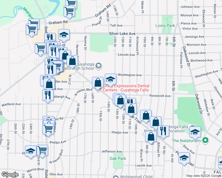 map of restaurants, bars, coffee shops, grocery stores, and more near 2630 13th Street in Cuyahoga Falls