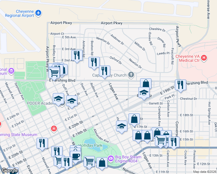 map of restaurants, bars, coffee shops, grocery stores, and more near 1608 East 22nd Street in Cheyenne
