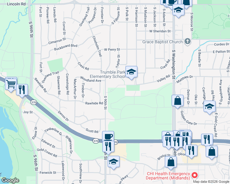 map of restaurants, bars, coffee shops, grocery stores, and more near 11196 South 90th Street in Papillion